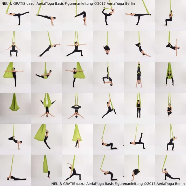 36 Aerial-Yoga-Posen von Anfänger bis Fortgeschrittene, dargestellt mit verschiedenen Techniken und Schwierigkeitsgraden.