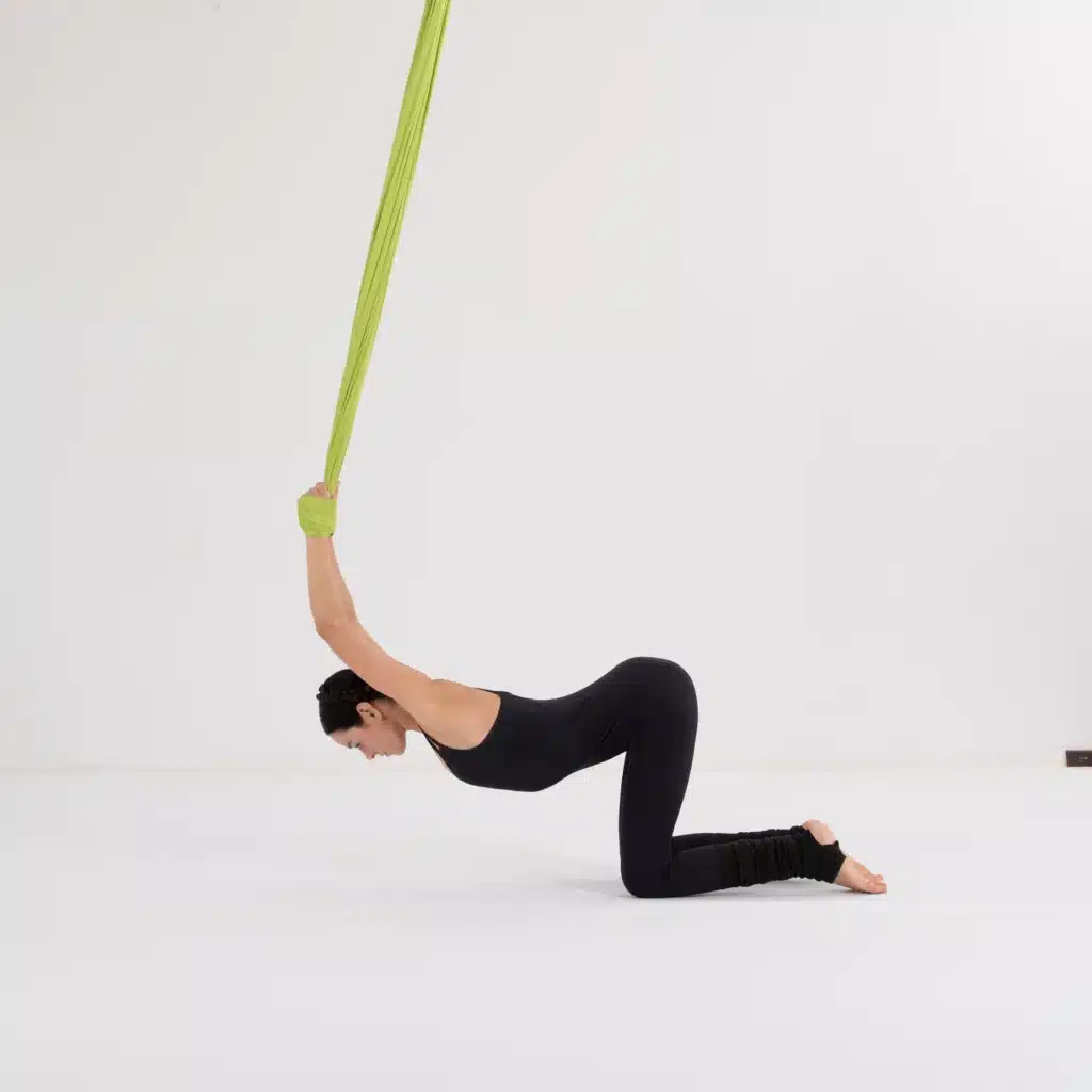 Mobilisation der Wirbelsäule beim Aerial Yoga: Ausführung der Katze-Kuh Bewegung auf den Knien mit dem Yoga-Tuch.